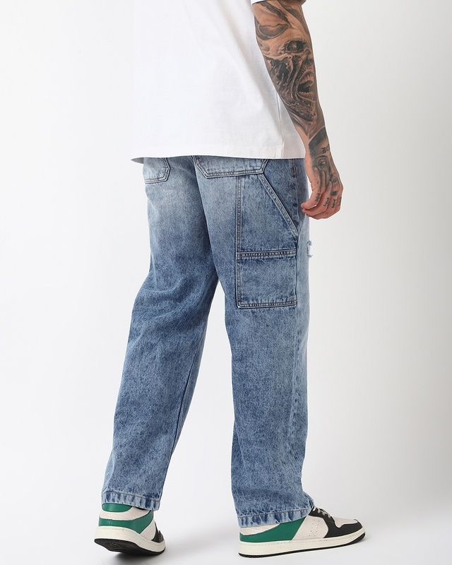 Shop Men's Blue Washed Straight Fit Mid-Rise Distressed Jeans-Front