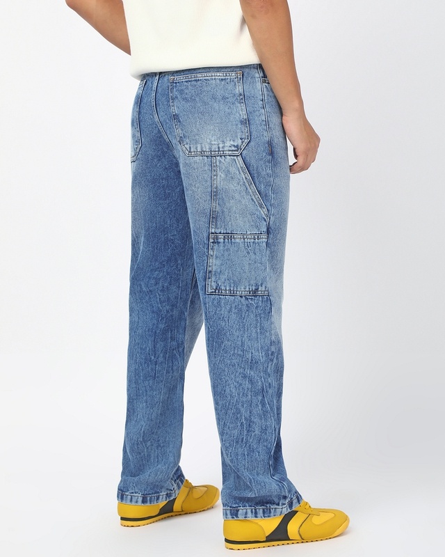 Shop Men's Blue Washed Straight Fit Mid-Rise Jeans-Front