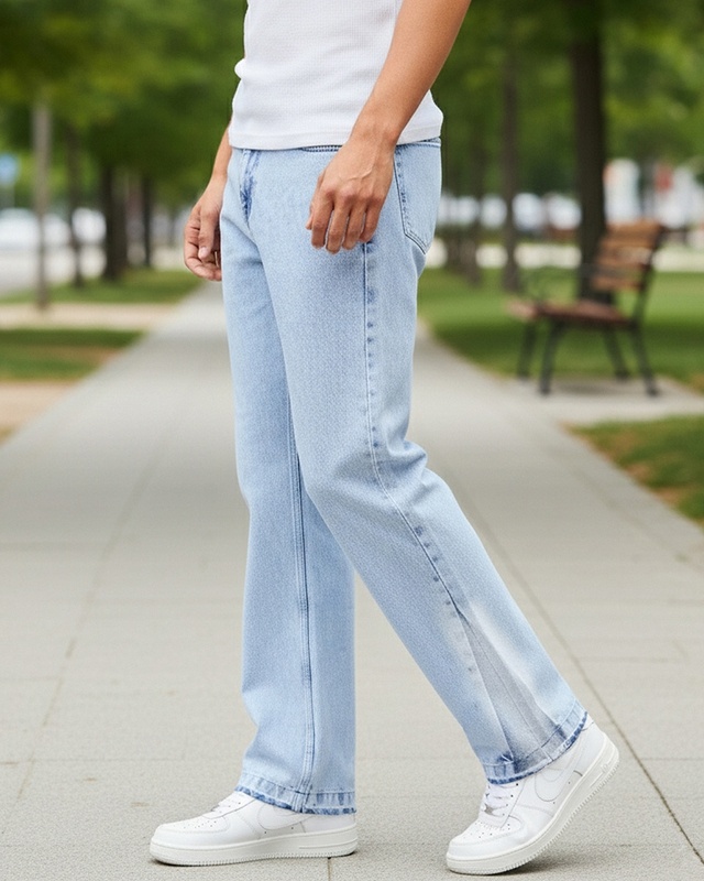 Men's Blue Washed Straight Fit Mid-Rise Jeans-Front Bewakoof Shop Men's Blue Washed Straight Fit Mid-Rise Jeans-Front