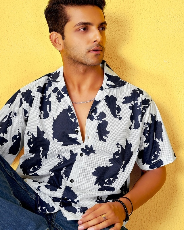 Shop Men's Blue & White Abstract Printed Relaxed Fit Shirt-Front