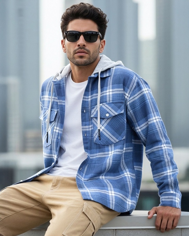 Men's Blue & White Checked Oversized Hooded Shirt-Front Bewakoof Shop Men's Blue & White Checked Oversized Hooded Shirt-Front