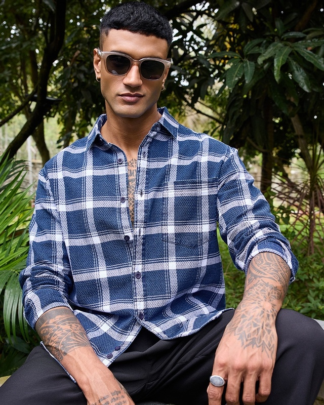 Shop Men's Blue & White Checked Shirt-Front