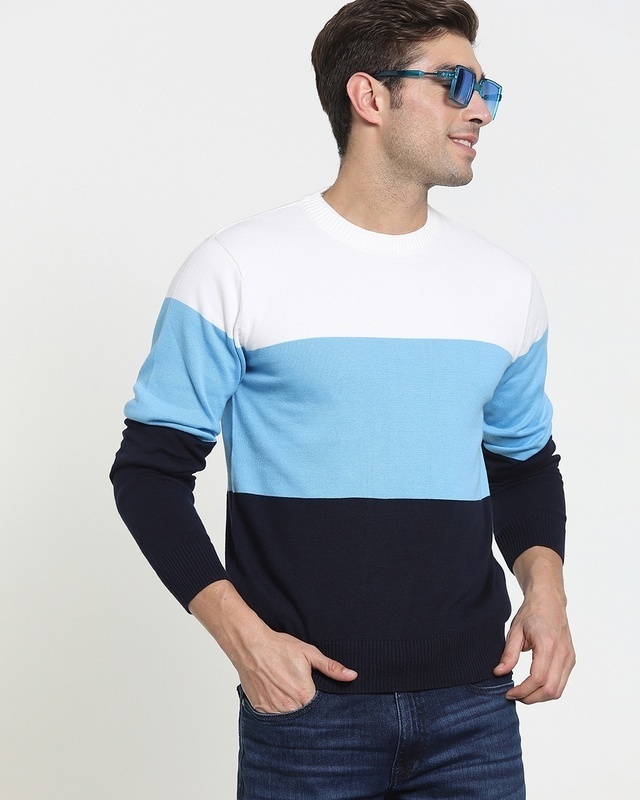 Shop Men's Blue & White Color Block Flat Knit Sweater-Front