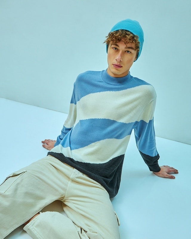 Shop Men's Blue & White Color Block Oversized Flat Knit Sweater-Front