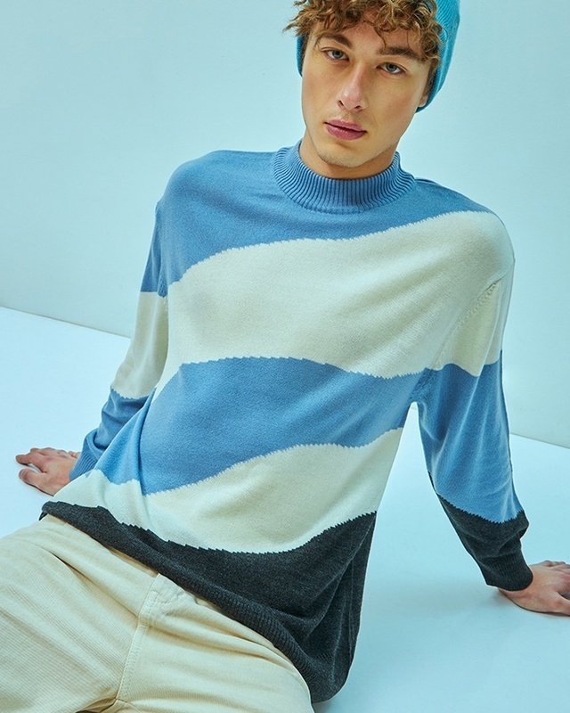 Shop Men's Blue & White Color Block Oversized Flat Knit Sweater-Front