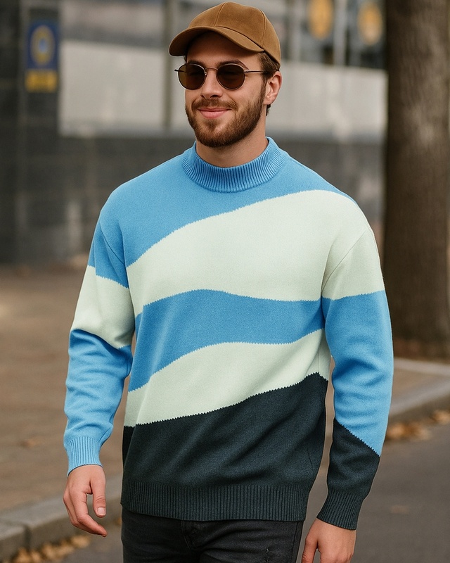 Shop Men's Blue & White Color Block Oversized Flat Knit Sweater-Front