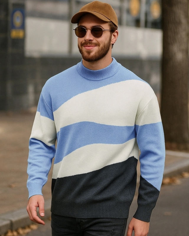Men's Blue & White Color Block Oversized Flat Knit Sweater