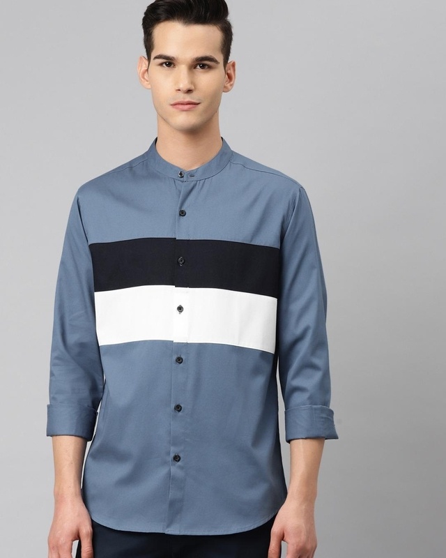 Shop Men's Blue & White Color Block Shirt-Front