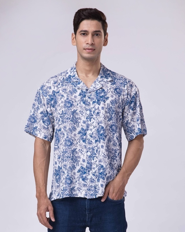 Shop Men's Blue & White Floral Printed Oversized Shirt-Front