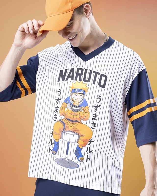 Shop Men's Blue & White Ramen Jersey Graphic Printed Oversized T-shirt-Front