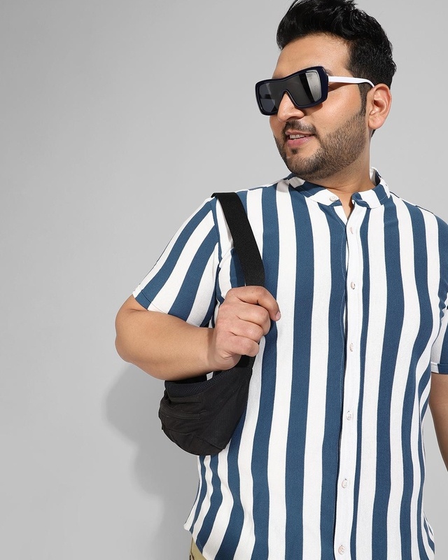 Shop Men's Blue & White Striped Plus Size Shirt-Front