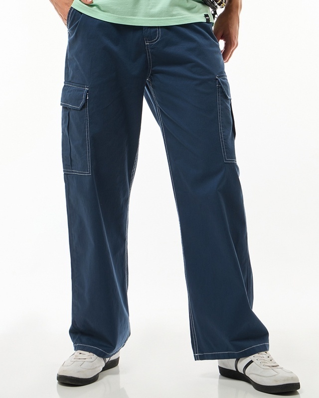 Shop Men's Blue Wide Leg Cargo Pants-Front