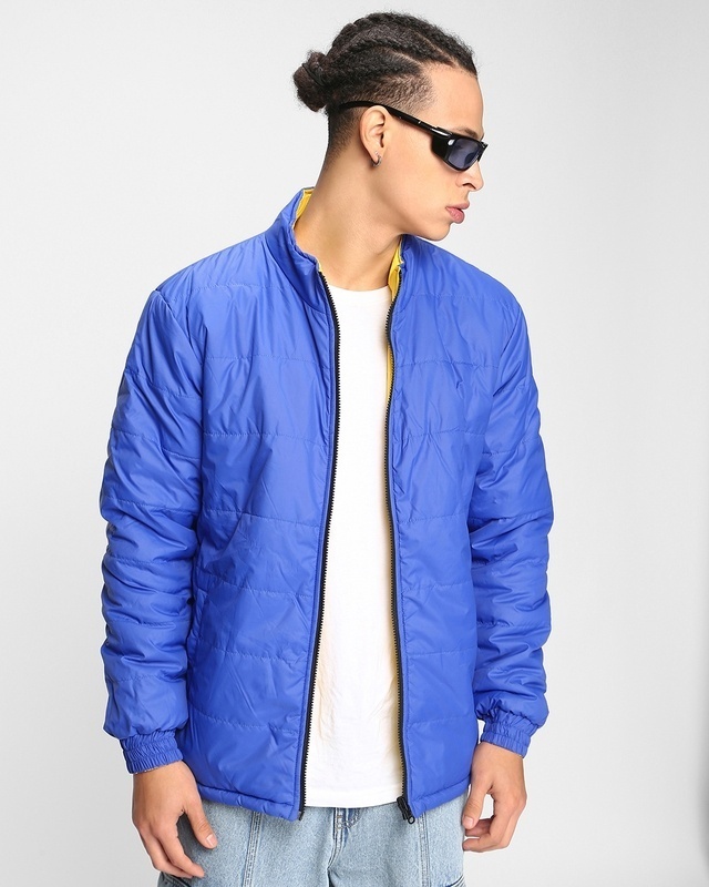 Shop Men's Blue & Yellow Reversible Puffer Jacket-Front