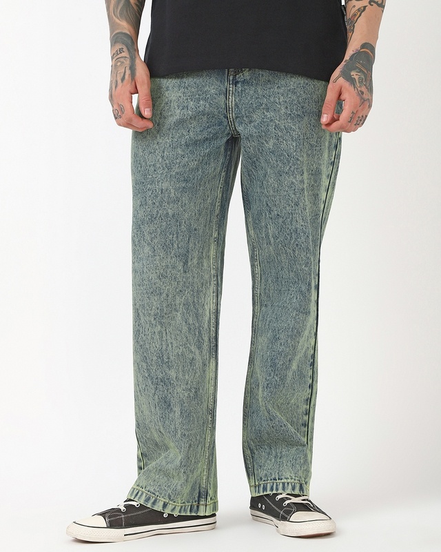 Shop Men's Bluish Green Washed Straight Fit Jeans-Front