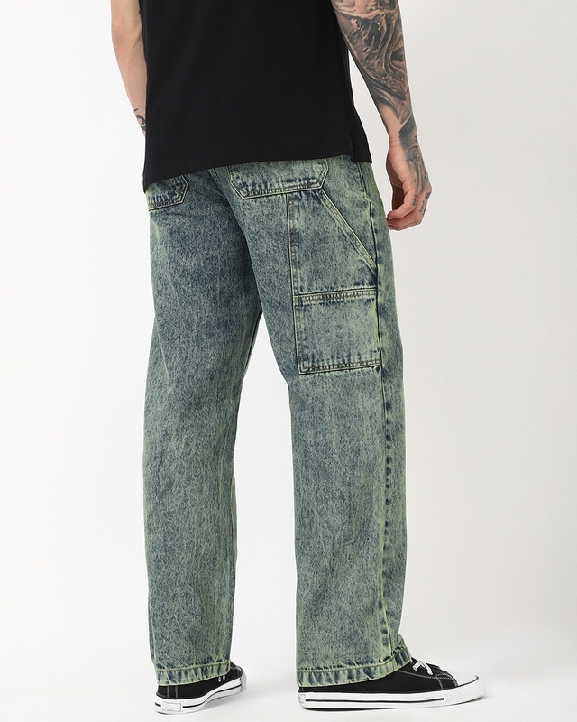 Shop Men's Bluish Green Washed Straight Fit Mid-Rise Jeans-Front