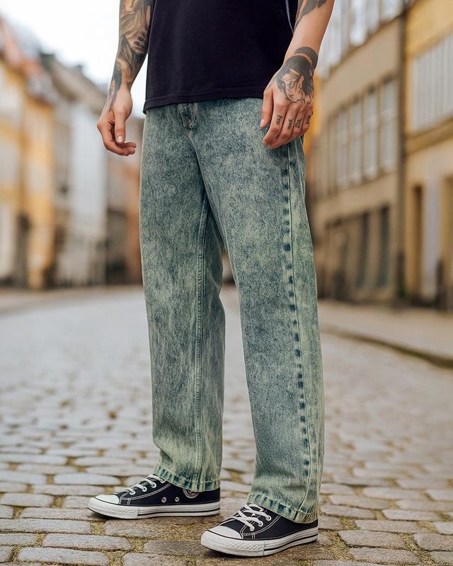 Shop Men's Bluish Green Washed Straight Fit Mid-Rise Jeans-Front