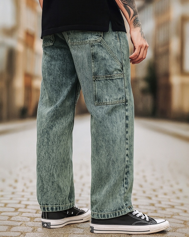 Shop Men's Bluish Green Washed Straight Fit Mid-Rise Jeans-Front