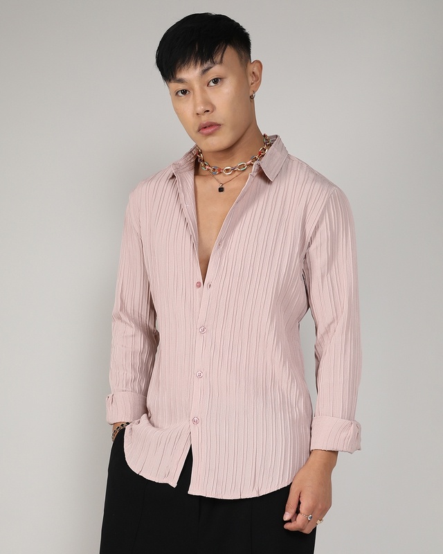 Shop Men's Blush Pink Stiped Textured Relaxed Fit Shirt-Front