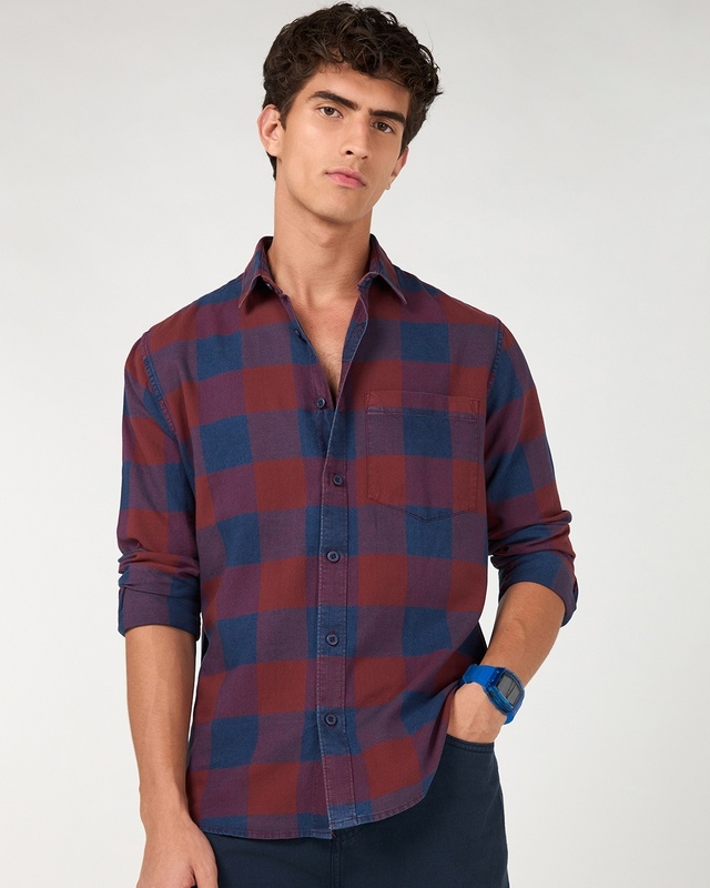 Shop Men's Bold Red & Navy Blue Checked Shirt-Front