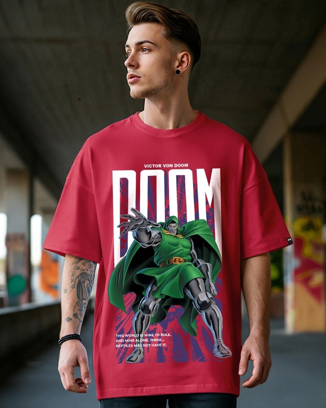 Shop Men's Bold Red Doom Graphic Printed Oversized T-shirt-Front