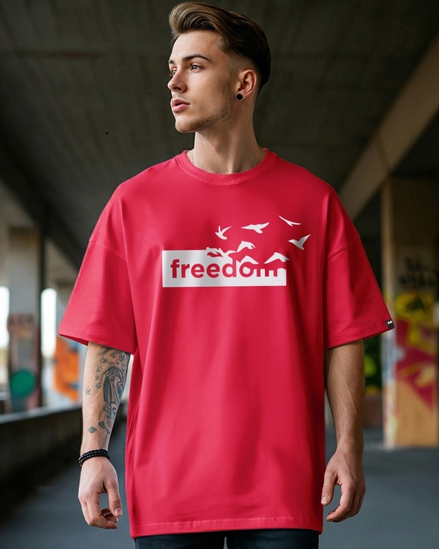 Shop Men's Bold Red Freedom Graphic Printed Oversized T-shirt-Front