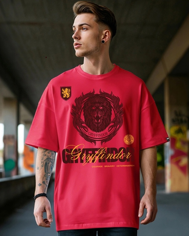 Shop Men's Bold Red Gryffin Squad Graphic Printed Oversized T-shirt-Front