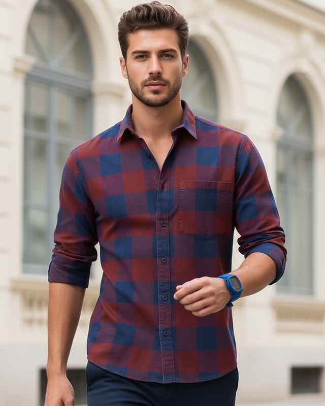 Shop Men's Bold Red & Navy Blue Checked Shirt-Front