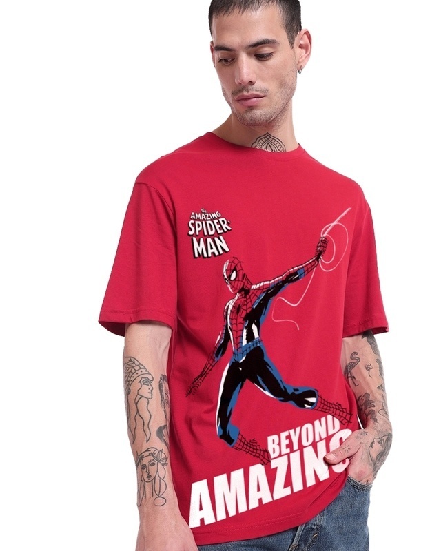 Shop Men's Bold Red Spider Man Graphic Printed Oversized T-shirt-Front