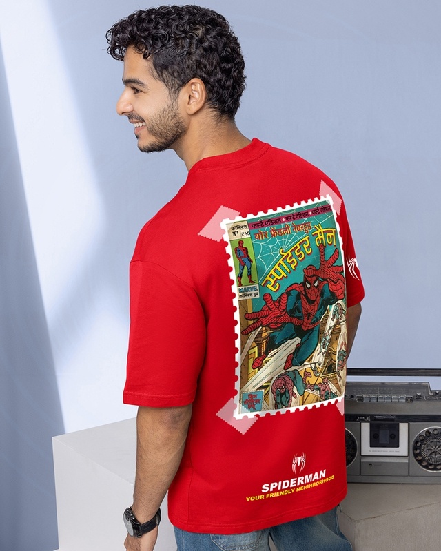 Men's Bold Red Spiderman Truck Graphic Printed Oversized T-shirt