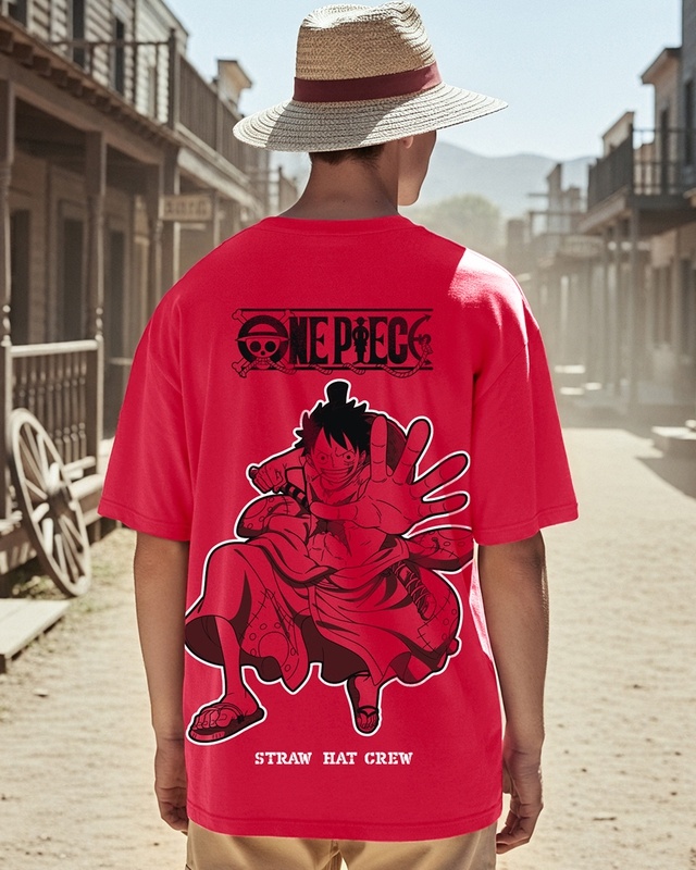 Shop Men's Bold Red Straw Hat Graphic Printed Oversized T-shirt-Front