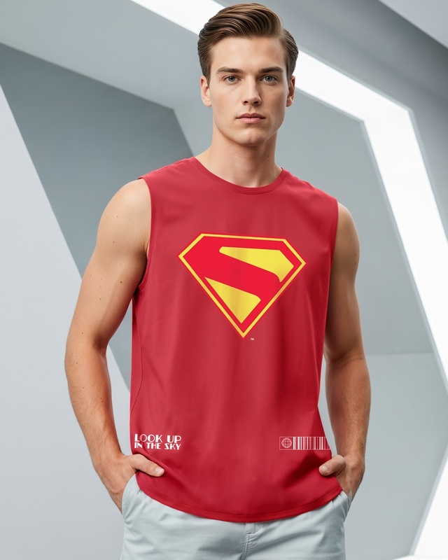 Shop Men's Bold Red Superman Logo Graphic Printed Boxy Fit Vest-Front