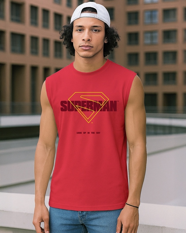 Shop Men's Bold Red Superman Logo Graphic Printed Oversized Vest-Front