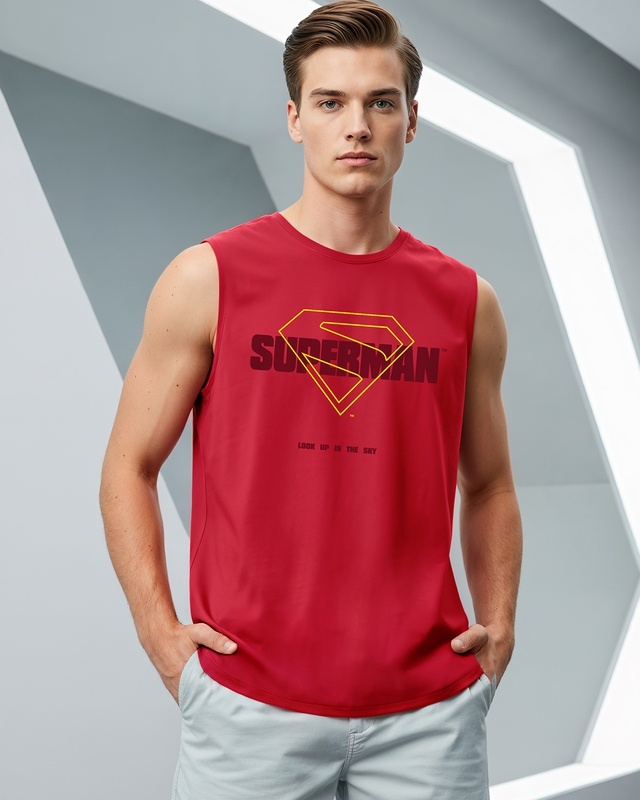 Shop Men's Bold Red Superman Logo Graphic Printed Oversized Vest-Front
