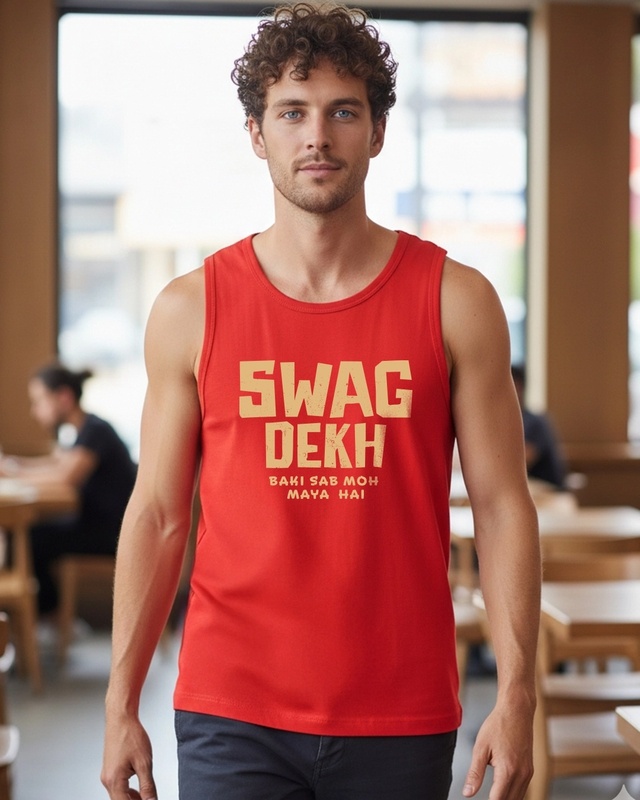 Men's Bold Red Swag Dekh Typography Vest