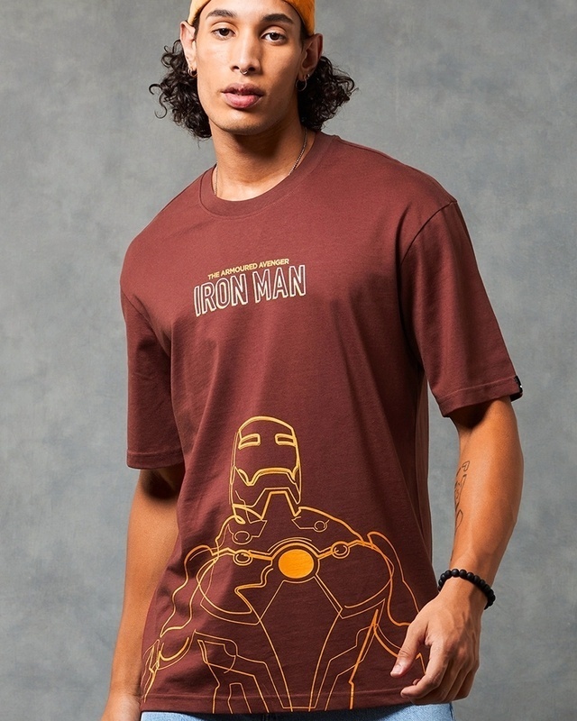 Shop Men's Brick Red Iron Man Graphic Printed Oversized T-shirt-Front