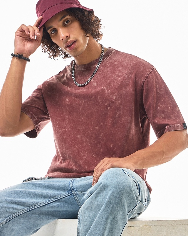 Men's Brick Red Oversized Acid Wash T-shirt