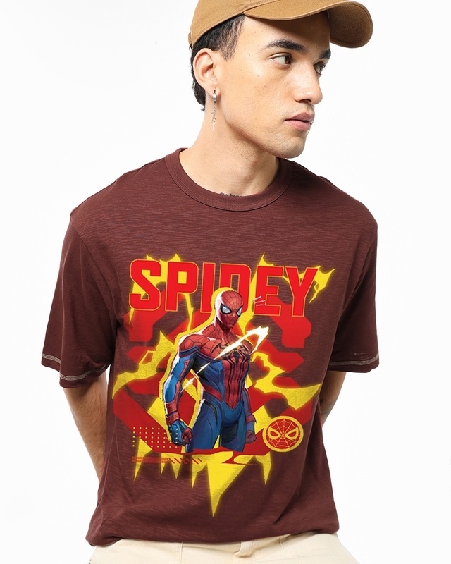 Shop Men's Brick Red Spidey Graphic Printed Oversized T-shirt-Front