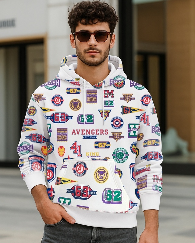 Shop Men's Bright White All Over Printed Oversized Hoodies-Front