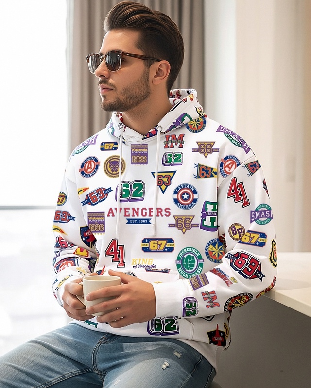 Shop Men's Bright White All Over Printed Oversized Hoodies-Front