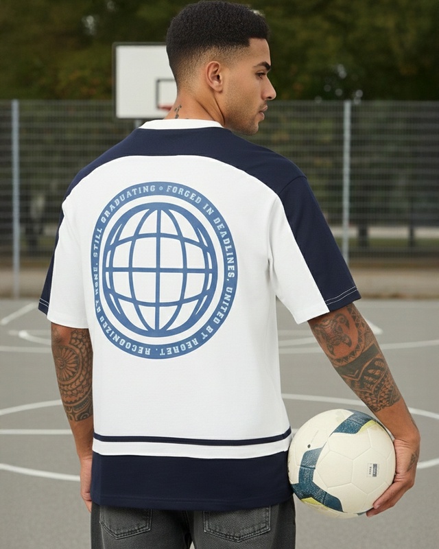 Shop Men's Bright White & Blue Bruh Color Block Oversized T-shirt-Front