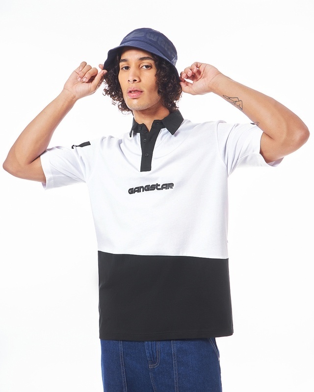Shop Men's White & Black Color Block Oversized Polo T-shirt-Front