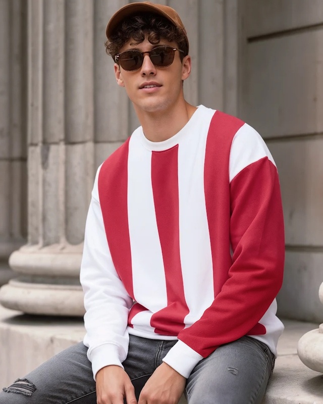 Shop Men's Bright White & Red Color Block Oversized Sweatshirt-Front