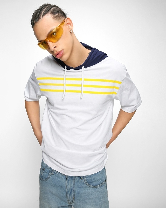 Shop Men's Bright White Striped Oversized Hoodie T-shirt-Front