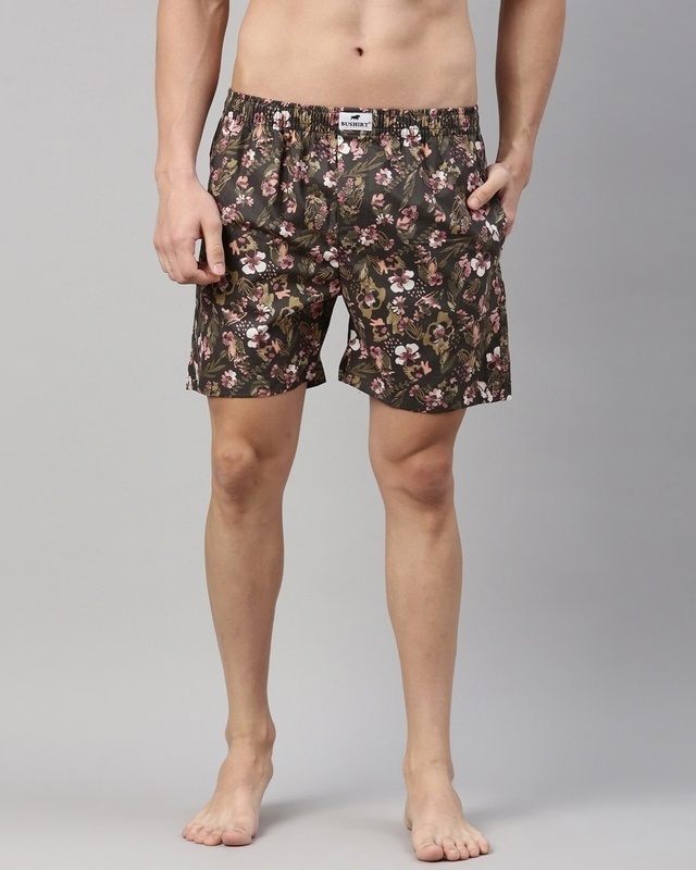 Shop Men's Brown All Over Floral Printed Cotton Boxers-Front