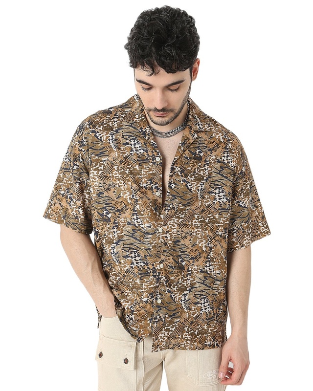 Shop Men's Brown All Over Leopard Printed Relaxed Fit Shirt-Front
