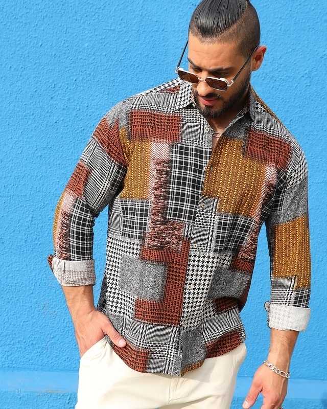 Shop Men's Brown & Black All Over Printed Oversized Plus Size Shirt-Front