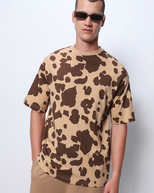 Shop Men's Brown All Over Printed Oversized T-shirt-Front