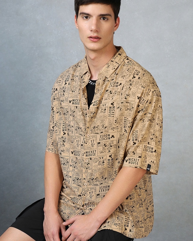 Shop Men's Brown All Over Printed Super Loose Fit Shirt-Front