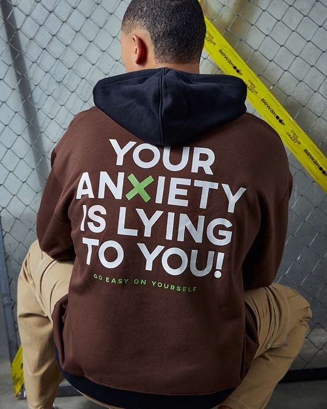 Shop Men's Brown Anxiety Typography Oversized Hoodies-Front