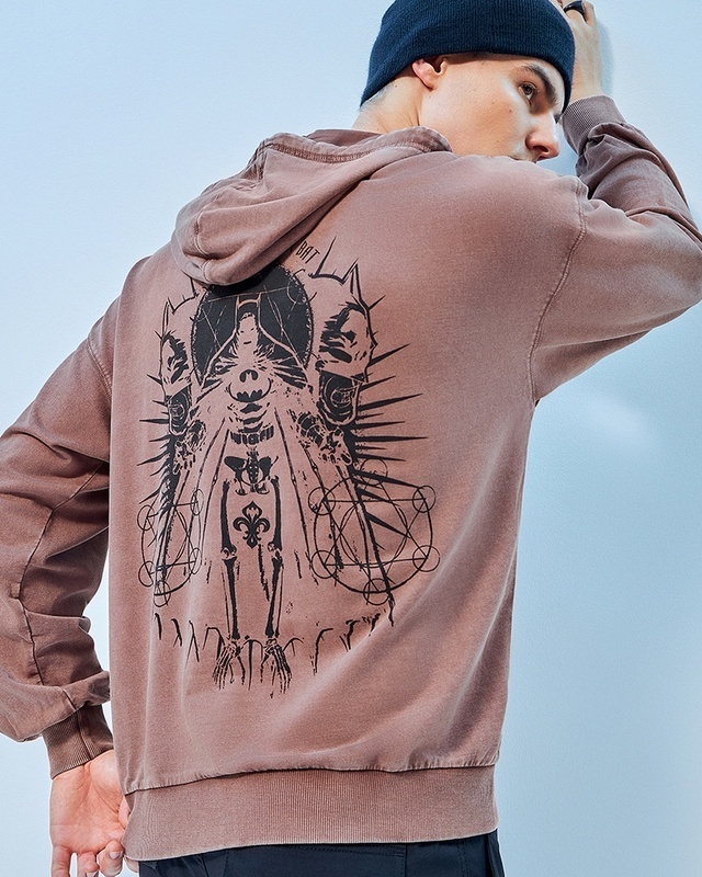 Shop Men's Brown Bat Skull Graphic Printed Oversized Hoodie-Front